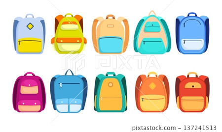 Empty school backpacks. Student backpack icons, bright bags for study in kindergarten, preschool, college or university. Sporty bags sapid vector clipart 137241513