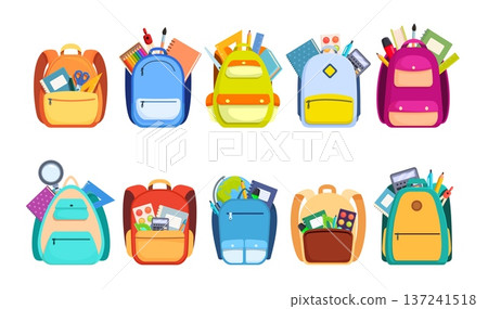 School backpack. Kindergarten, preschool items, backpacks for young students. Different stationery, paints, books, coloring pencil kit and marker, sapid vector clipart School backpack. Kindergarten, preschool items, backpacks for young students. Different stationery, paints, books, coloring pencil kit and marker, sapid vector clipart 137241518