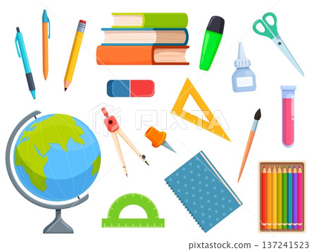 School children stationery. Educational elements for painting and writing. Pencil, books pile, notebook and diary, ruler, globe. Lesson items, sapid vector clipart School children stationery. Educational elements for painting and writing. Pencil, books pile, notebook and diary, ruler, globe. Lesson items, sapid vector clipart 137241523