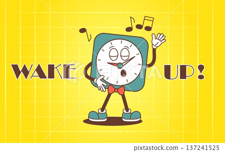 Morning poster with alarm clock. Groovy retro style watch, wake up concept. Time to work and study, back to school. New day start, vector banner 137241525