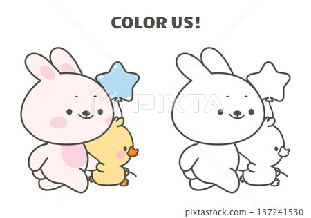 Coloring template for children with funny rabbit and duckling, with color sample. Friendship concept, cute animals walking with balloon. Kawaii vector design 137241530