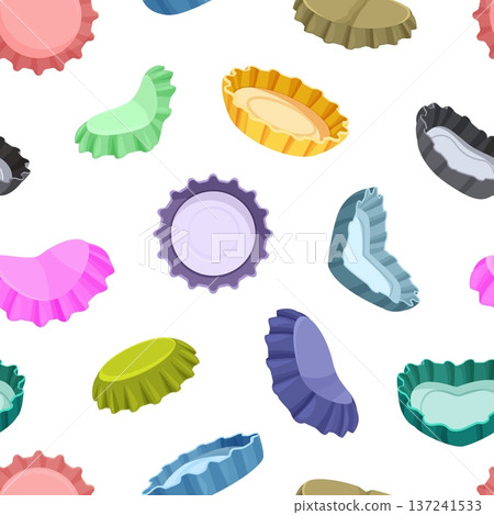 Cartoon bottle caps seamless pattern. Colorful used and broken cap for glass bottles beer or soda. Print for textile, bar wallpaper, wrapping, vector background Cartoon bottle caps seamless pattern. Colorful used and broken cap for glass bottles beer or soda. Print for textile, bar wallpaper, wrapping, vector background 137241533