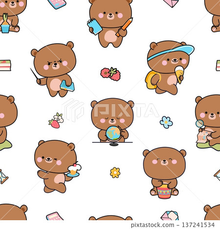 Bears seamless pattern. Kawaii bear student, back to school. Wild cartoon animals, books, sweets. Nursery print for textile fabric, wallpaper, vector background Bears seamless pattern. Kawaii bear student, back to school. Wild cartoon animals, books, sweets. Nursery print for textile fabric, wallpaper, vector background 137241534