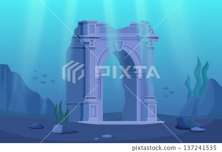 Ancient roman or greek broken arch in ocean. Cartoon underwater ruins and stones. Palace temple architecture element sunken in sea, historical vector background Ancient roman or greek broken arch in ocean. Cartoon underwater ruins and stones. Palace temple architecture element sunken in sea, historical vector background 137241535