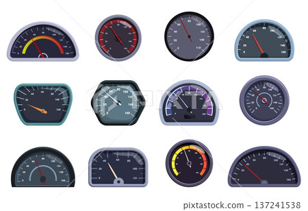 Speedometers. Cartoon odometers, elements for automobile dashboard for speed, power, fuel measurement. Car acceleration indicators, sapid vector clipart Speedometers. Cartoon odometers, elements for automobile dashboard for speed, power, fuel measurement. Car acceleration indicators, sapid vector clipart 137241538