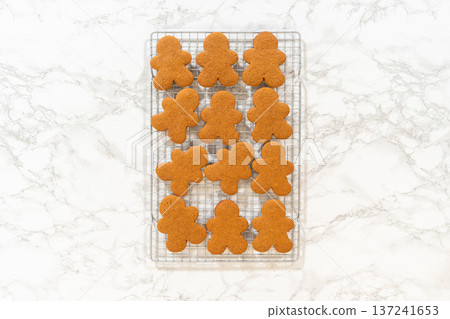 Overhead perspective showing a tray of freshly baked gingerbread man cookies cooling on a wire rack. The cookies are evenly browned and neatly arranged in rows. 137241653
