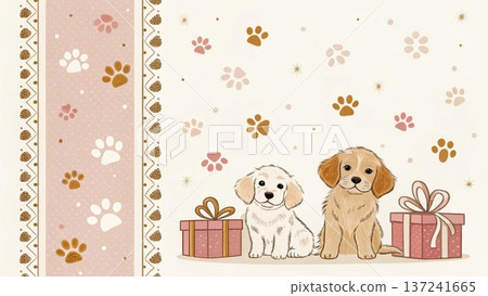 Cute watercolor illustration of three adorable puppies sitting inside a wooden bucket at the bottom left corner 137241665
