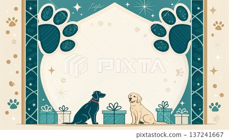 Cute watercolor illustration of three adorable puppies sitting inside a wooden bucket at the bottom left corner 137241667