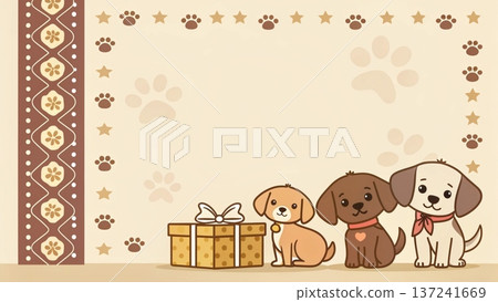 Cute watercolor illustration of three adorable puppies sitting inside a wooden bucket at the bottom left corner 137241669