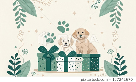 Cute watercolor illustration of three adorable puppies sitting inside a wooden bucket at the bottom left corner 137241670