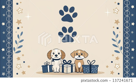 Cute watercolor illustration of three adorable puppies sitting inside a wooden bucket at the bottom left corner 137241671