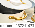 Top-down view of a pot with gold handle and open lid. Ideal for cookware promotions or product advertisements. 137241673