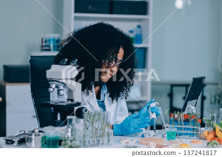 Chemical Laboratory of the Food supply . Food in laboratory, dna modify .GMO Genetically modified food in lab . 137241817