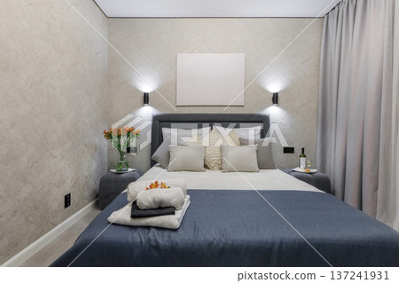 Symmetrical Modern Bedroom Interior with Blue Bedspread and Amenities Symmetrical Modern Bedroom Interior with Blue Bedspread and Amenities 137241931