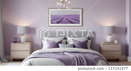 Modern Lavender Bedroom Interior with Soft Lighting and Cozy Decor Modern Lavender Bedroom Interior with Soft Lighting and Cozy Decor 137241977