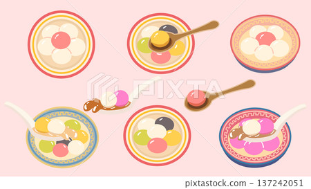Colorful tangyuan sweet dumplings soup for Lantern Festival set. Colorful tangyuan sweet dumplings soup for Lantern Festival set. 137242051