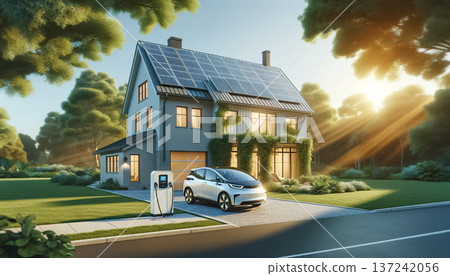 The sun sets on a peaceful suburb where a sleek electric car is conveniently charging at a home station, symbolizing a shift towards sustainable living. 137242056