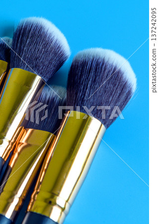 Makeup brushes on blue background. Professional makeup brushes on blue background. Makeup brushes on blue background. Professional makeup brushes on blue background. 137242095
