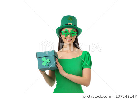 Woman in green outfit holding a gift box, isolated, PNG Woman in green outfit holding a gift box, isolated, PNG 137242147