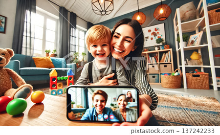 Both images feature a mother and her three-year-old son seen from behind, engaged in a video call with grandparents. Their smiling faces are highlighted against the vibrant, toy-filled interior of the 137242233