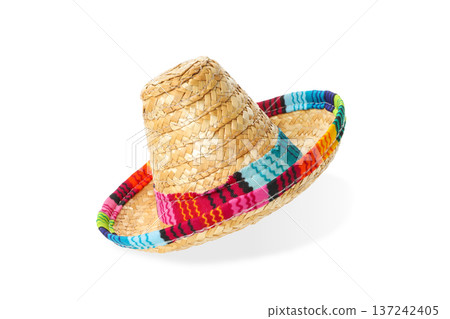 A sombrero hat with bright colors sits on a surface, isolated, PNG A sombrero hat with bright colors sits on a surface, isolated, PNG 137242405
