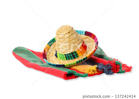 Straw hat and colorful blanket symbolize Cinco de Mayo, isolated, PNG 137242414