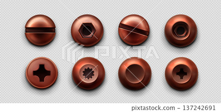Copper screws and bolt heads with metal texture 137242691