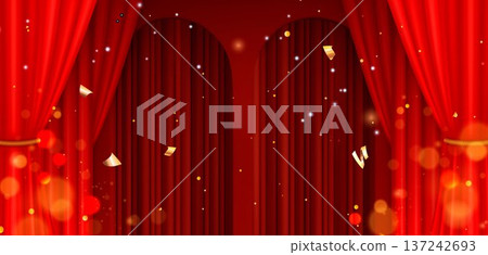 Red arch gateway, velvet curtain and confetti Red arch gateway, velvet curtain and confetti 137242693