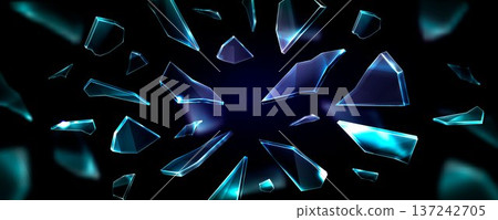 Shattered glass pieces flying in air, realistic Shattered glass pieces flying in air, realistic 137242705