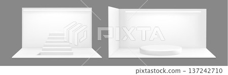 3D booth mockup, white walls and staircase podium 3D booth mockup, white walls and staircase podium 137242710