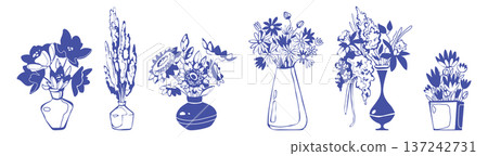 Hand drawn flower bouquet in vases, floral sketch Hand drawn flower bouquet in vases, floral sketch 137242731