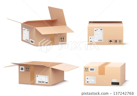 Realistic 3D cardboard open box mockup wirh tape 137242768
