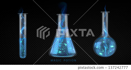 Magical potion elixir bottle, glowing blue smoke 137242777