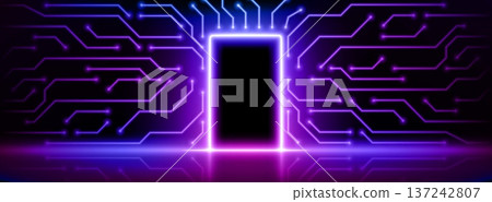 Futuristic digital door, glowing purple neon light Futuristic digital door, glowing purple neon light 137242807