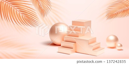3D stair podium with pastel beige spheres 137242835