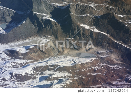 A view of the snow-capped mountains and ponds of the Himalayas from inside a mountain flight plane A view of the snow-capped mountains and ponds of the Himalayas from inside a mountain flight plane 137242924