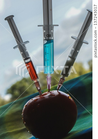colored chemicals in the syringe genetic modification three syringes embedded in tomato vegetable 137243017