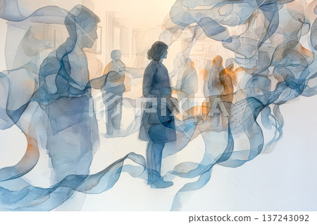 Abstract illustration of people in a gallery surrounded by flowing ribbons of color and light 137243092