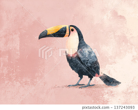 Colorful toucan illustration with vibrant beak against a soft pink textured background 137243093