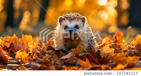 Hedgehog in autumn leaves with warm sunlight creating a cozy natural atmosphere 137243127