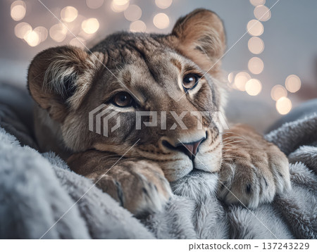 Young lion cub resting on soft blanket with warm bokeh lights in the background creating a cozy atmosphere 137243229