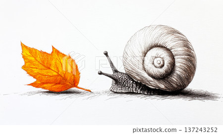 Snail with soft brown shell and orange leaf illustration featuring childlike style and copy space 137243252
