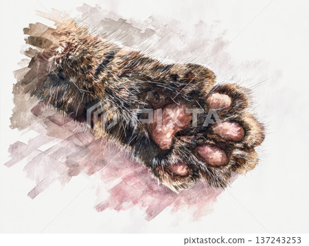 Detailed watercolor illustration of a furry animal paw with soft pink pads and textured fur 137243253
