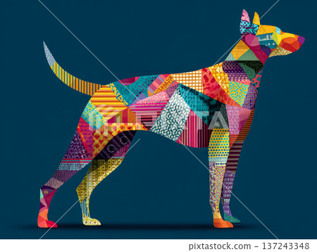 Colorful geometric illustration of a dog showcasing vibrant patterns and artistic design elements 137243348