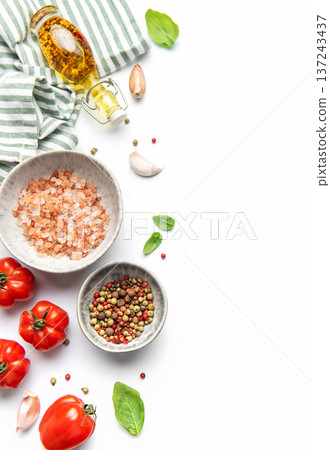 Cooking ingredients and spices creating a healthy food border 137243437