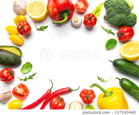 Fresh organic vegetables and fruits forming frame border 137243440