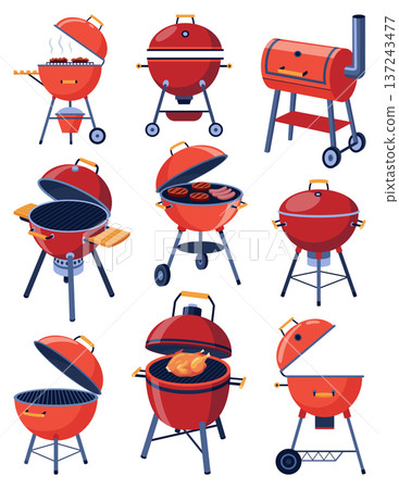 Red barbecues bundle with accessories. Assorted styles of charcoal grills on plain background. Red barbecue grill set with open lids and modern design features 137243477