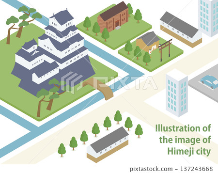 Isometric illustration of fresh green Himeji Castle and the city of Himeji Isometric illustration of fresh green Himeji Castle and the city of Himeji 137243668
