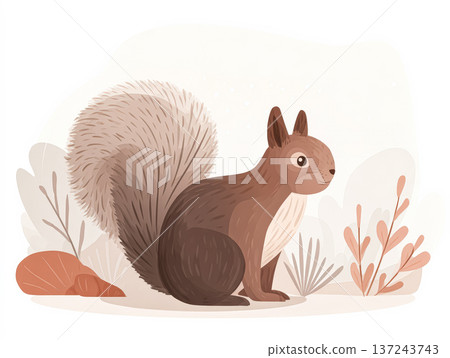 Cute brown squirrel illustration sitting among plants and rocks in a whimsical forest setting 137243743