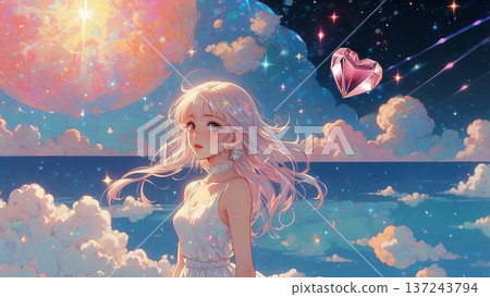 遊戲背景：一位可愛的做夢天使在寶石心形和月亮前靜靜地凝視著。 137243794